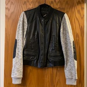 Faux leather bomber jacket with sweater sleeves